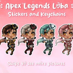K&ouml;nnte beinhalten: Bild mit vier Illustrationen im Chibi-Stil der Apex Legends-Figur Loba. Das Bild enth&auml;lt den Text "Apex Legends Loba Stickers and Keychains" und "Swipe to see more pictures."