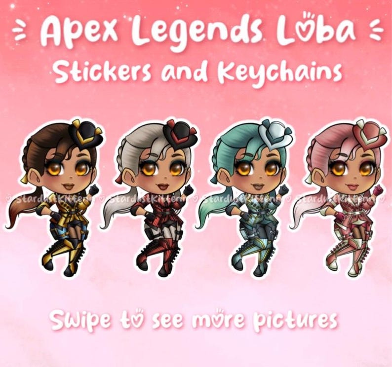 K&ouml;nnte beinhalten: Bild mit vier Illustrationen im Chibi-Stil der Apex Legends-Figur Loba. Das Bild enth&auml;lt den Text "Apex Legends Loba Stickers and Keychains" und "Swipe to see more pictures."
