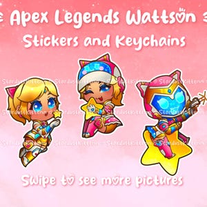 Op de afbeelding: Roze afbeelding met Apex Legends Wattson stickers en sleutelhangers. De afbeelding toont drie cartoon Wattson-personages met stervormige bases. De tekst "Apex Legends Wattson Stickers and Keychains" staat bovenaan en "Swipe to see more pictures" onderaan.