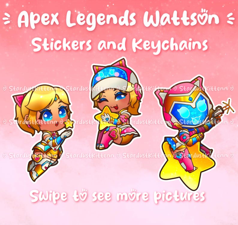 Op de afbeelding: Roze afbeelding met Apex Legends Wattson stickers en sleutelhangers. De afbeelding toont drie cartoon Wattson-personages met stervormige bases. De tekst "Apex Legends Wattson Stickers and Keychains" staat bovenaan en "Swipe to see more pictures" onderaan.