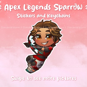 Puede incluir: Ilustraci&oacute;n de dibujos animados de un personaje de Apex Legends Sparrow, con cabello casta&ntilde;o y un atuendo rojo y negro. La imagen incluye el texto "Apex Legends Sparrow Stickers and Keychains" y "Swipe to see more pictures" sobre un fondo rosa.