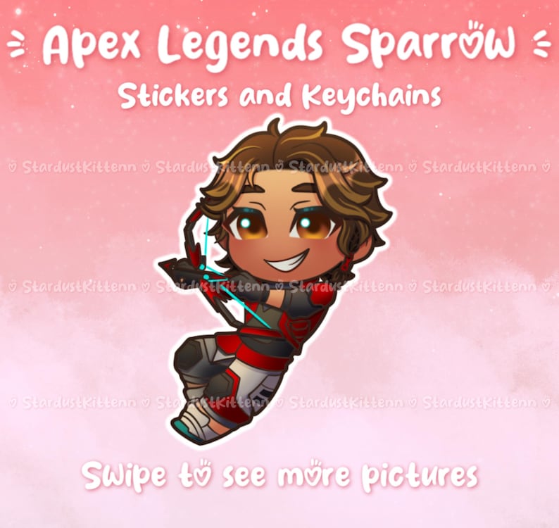 Puede incluir: Ilustraci&oacute;n de dibujos animados de un personaje de Apex Legends Sparrow, con cabello casta&ntilde;o y un atuendo rojo y negro. La imagen incluye el texto "Apex Legends Sparrow Stickers and Keychains" y "Swipe to see more pictures" sobre un fondo rosa.
