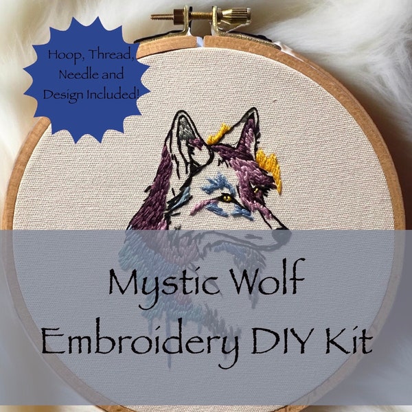 Full DIY Kit | Mystic Wolf Embroidery Design | Printed Directly Fabric plus Design Map | DIY Crafters' Delight | Medium Difficulty