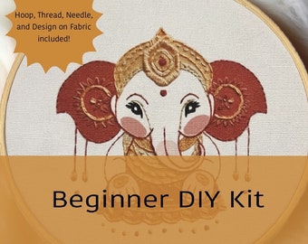 Full DIY Kit | Adorable Ganesha Embroidery Beginner DIY Kit | Hoop, Needle, Thread Included, Print on Fabric, No Transfer needed |