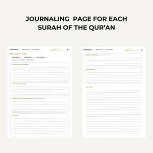 May include: A printable journaling page for each Surah of the Quran. The page includes sections for the Surah name, verses, benefits, reflections, and key takeaways.