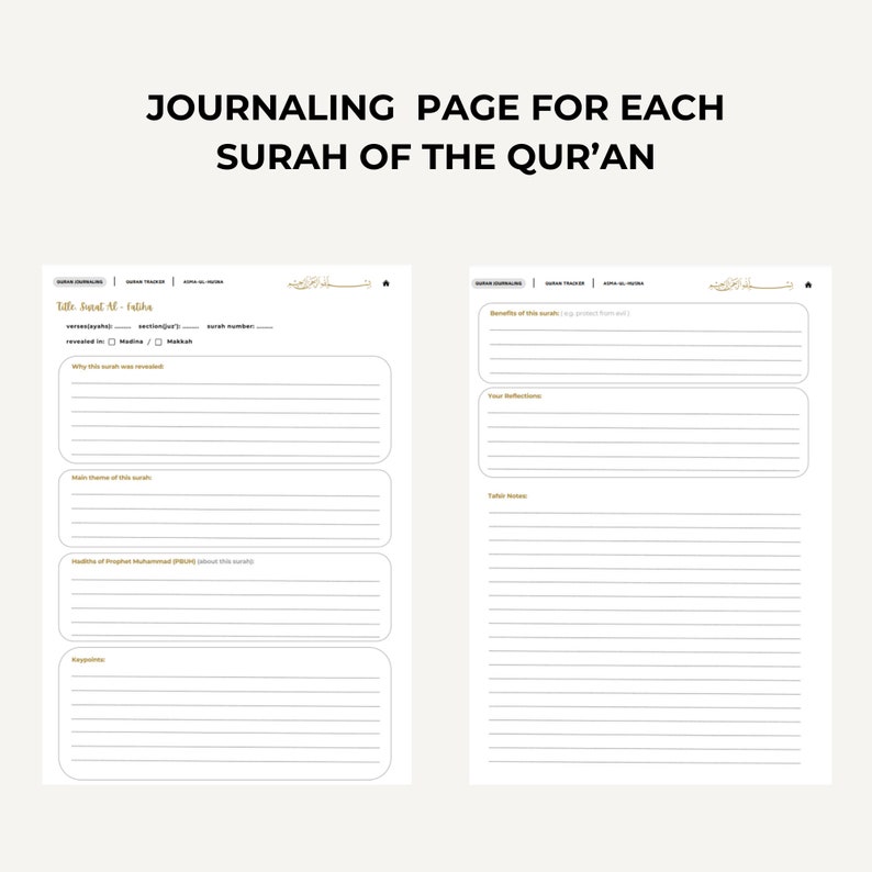 May include: A printable journaling page for each Surah of the Quran. The page includes sections for the Surah name, verses, benefits, reflections, and key takeaways.
