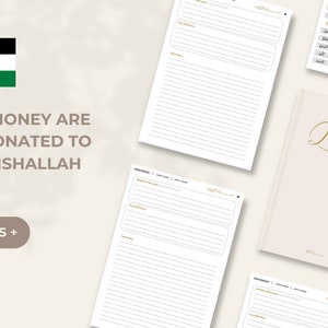 May include: A beige journal with the text "Quran Journaling" in gold lettering. The cover features a small illustration of a Quran and a flower. The journal has 300 pages and a portion of the proceeds will be donated to Palestine.