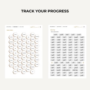 May include: A printable Islamic prayer tracker with a honeycomb design and a list of Arabic words. The tracker is designed to help Muslims track their progress in learning and reciting the Quran.