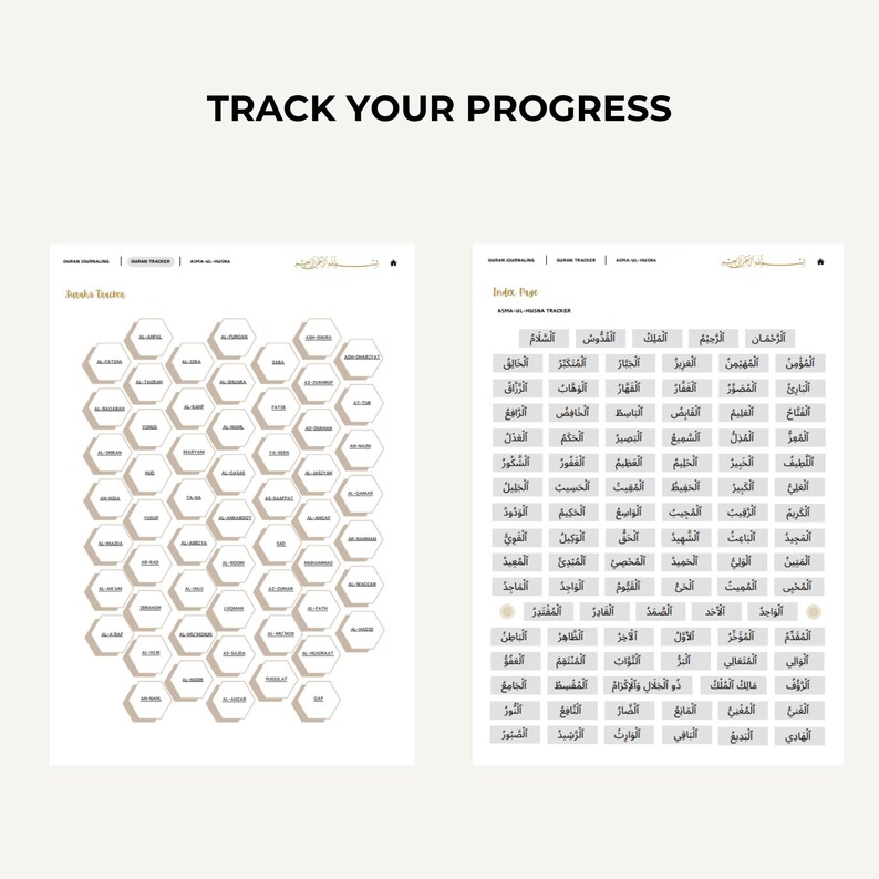 May include: A printable Islamic prayer tracker with a honeycomb design and a list of Arabic words. The tracker is designed to help Muslims track their progress in learning and reciting the Quran.
