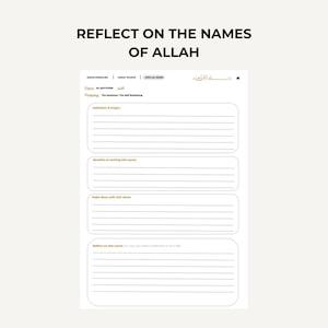 May include: A printable worksheet with the title "Reflect on the Names of Allah". The worksheet includes a section for the name "Al-Qayyoom", its meaning, definition and origin, benefits of reciting the name, making dua with the name, and reflecting on the name.