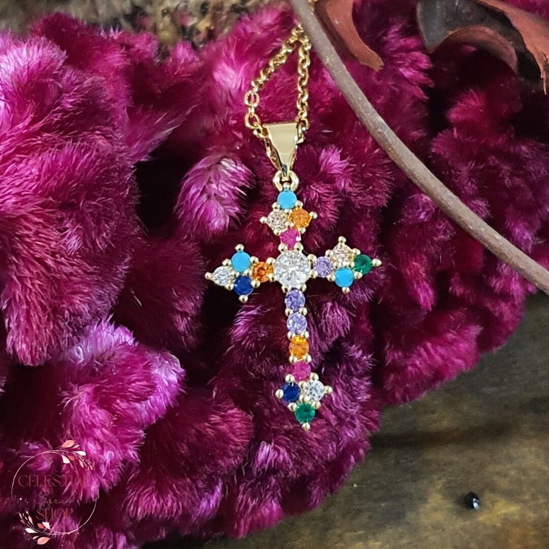 Gold Cross Necklace, Dainty Rosary Cross Pendant, Holy Rosary Pendant