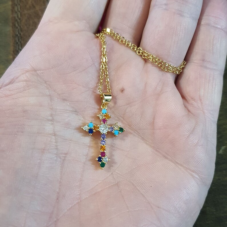 Gold Cross Necklace, Dainty Rosary Cross Pendant, Holy Rosary Pendant