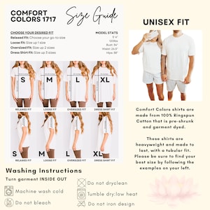 Peut inclure: Un guide des tailles pour t-shirts unisexe Comfort Colors 1717. Il pr&eacute;sente les statistiques du mod&egrave;le, des options de coupe de S &agrave; XL avec des mesures en pouces, des instructions de lavage et un exemple visuel de la coupe sur deux personnes.