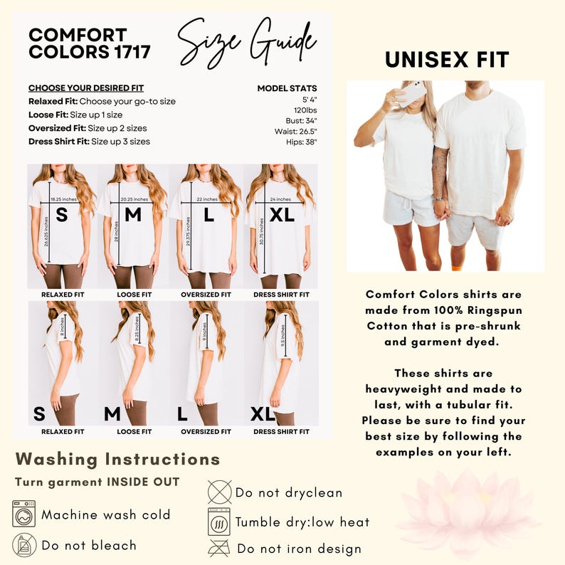 Peut inclure: Un guide des tailles pour t-shirts unisexe Comfort Colors 1717. Il pr&eacute;sente les statistiques du mod&egrave;le, des options de coupe de S &agrave; XL avec des mesures en pouces, des instructions de lavage et un exemple visuel de la coupe sur deux personnes.