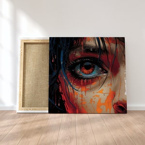 Peut inclure: Gros plan sur l'œil d'une femme avec des éclaboussures de peinture orange et rouge sur son visage. L'œil est bleu avec un iris orange.