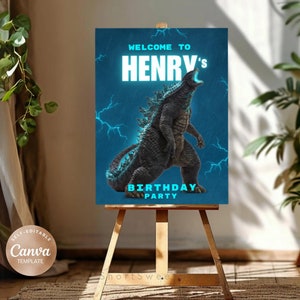 Letrero de bienvenida de Godzilla, póster de cumpleaños de Godzilla, decoración de cumpleaños de Godzilla, imprimible de cumpleaños, descarga digital, cumpleaños de niños, fiesta de monstruos