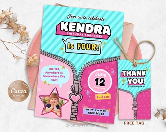 Doll Birthday Surprise Girls Editable Birthday Invitation, Surprise Doll Printable Invitation, Glam Fashion Girls Invite, Pink Invitation