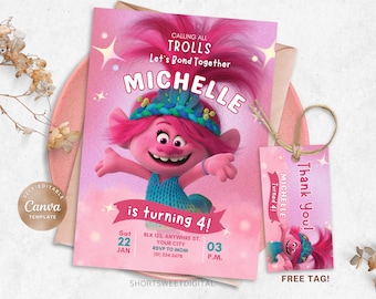 Poppy Pink Invitation Template, Editable Trolls Invite, Digital Electronic Invitation, Printable Invitation, Trolls Girls Party, Pink Invite