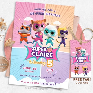Invitation Super chatons, faire-part d'anniversaire modifiable pour filles chatons, invitation imprimable chat super-héros, fête de filles, invitation anniversaire Super chatons