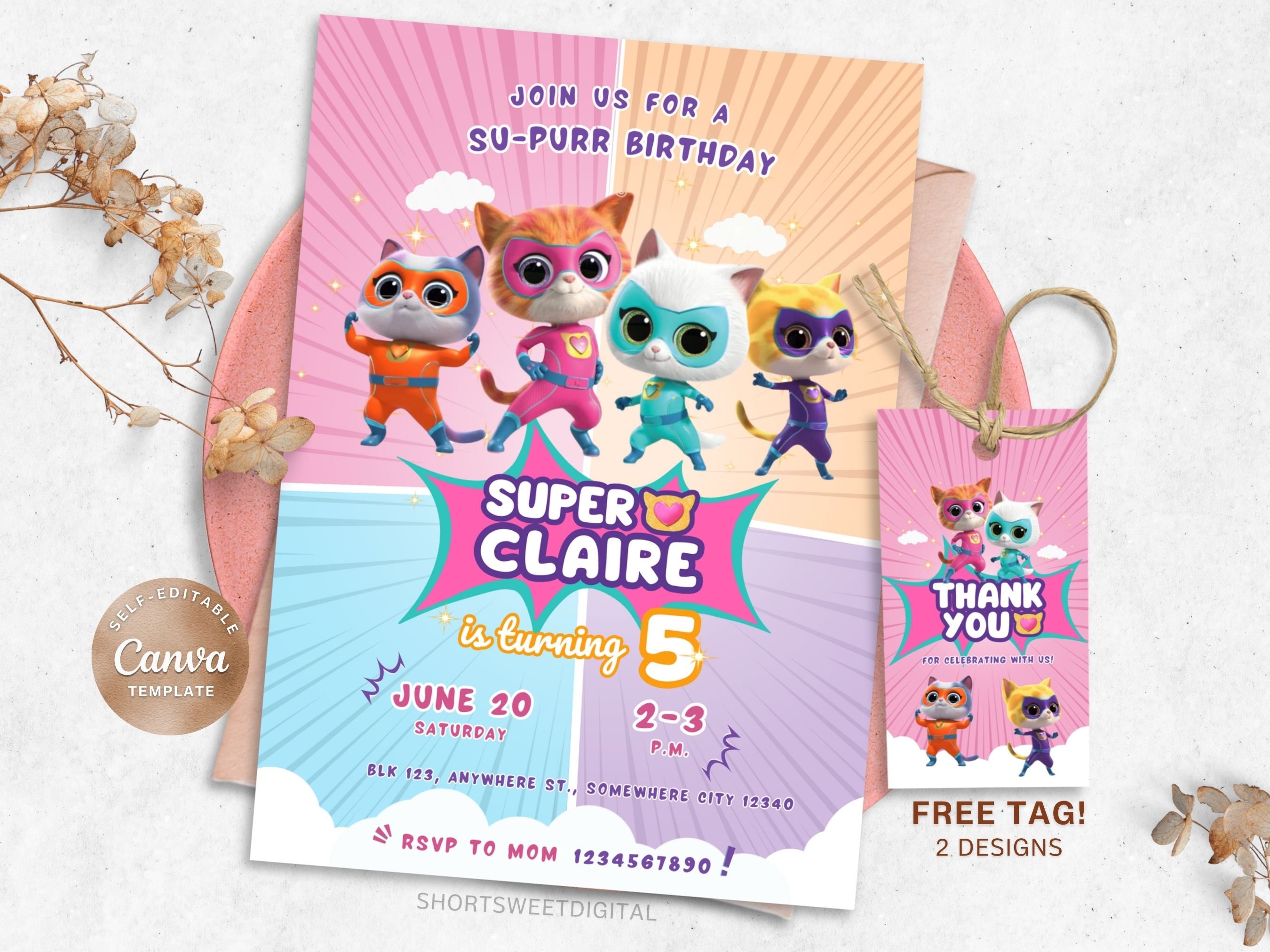 Super Kitties Invitation, Kittens Girls Editable Birthday Invitation, Superhero Cat Printable Invite, Girls Party, Super Kitties Bday Invite