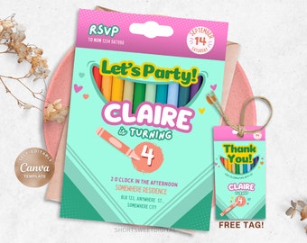 Crayon Theme Printable Invitation Template, Crayon Editable Girls Birthday Invitation,Pastel Crayon Invite, Arts and Crafts Birthday Invite