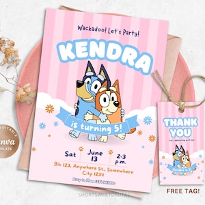 Blue Dog Editable Birthday Invitation Template, Bluey Party Invite, Girls Theme Birthday Party, Puppy Girls Invite, Girls Printable Invite