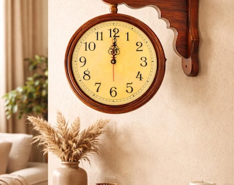 Dual Face Wooden Wall Clock: Vintage Nautical Style, Silent Quartz 12 Inch
