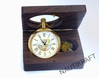 Vintage Brass Anchor Pocket Watch with Wooden Box: Steampunk Nautical Gift