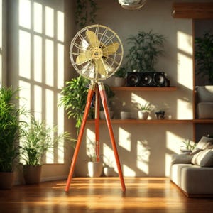 Vintage Brass Floor Fan with Wooden Tripod - Nautical Home Decor