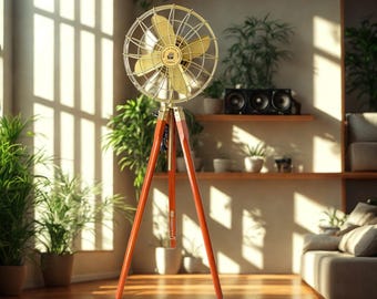Ventilatore da terra vintage in ottone con treppiede in legno - Ventilatore da terra con decorazione nautica per la casa