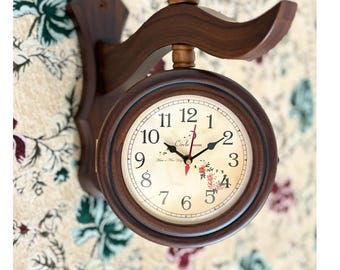 Dual Face Wooden Wall Clock: Vintage Nautical Style, Silent Quartz 8 inch