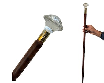 Crystal Handle Walking Cane: Handmade Wooden Stick with Brass Accent