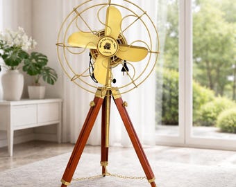 Antique Brass Fan on Wooden Tripod: Vintage Nautical Decor