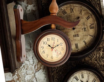 Dual Face Wooden Wall Clock: Vintage Nautical Decor, Silent Quartz
