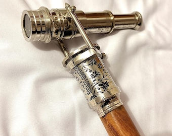 Vintage Nautical Walking Stick with SilverTelescope & Compass – spyglass Wooden Cane – Marine Explorer Gift