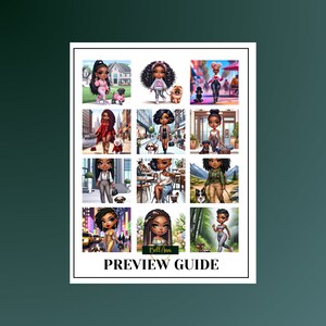 May include: A digital collage of 12 illustrations featuring a Black woman with a dog in various settings. Each illustration has a different background and outfit. The text "Bell Ann PREVIEW GUIDE" is at the bottom of the collage.