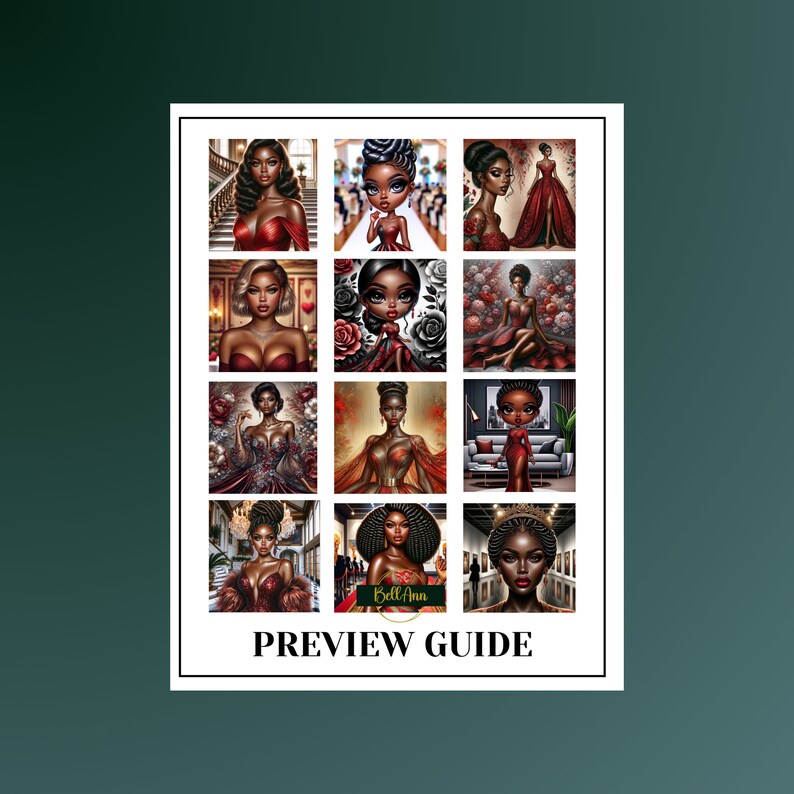 Peut inclure: Un collage num&eacute;rique de 12 images repr&eacute;sentant des femmes &agrave; la peau fonc&eacute;e portant des robes rouges. Les images sont dispos&eacute;es en grille et ont un style fantaisiste et cartoon. Le texte "PREVIEW GUIDE" appara&icirc;t en bas du collage.