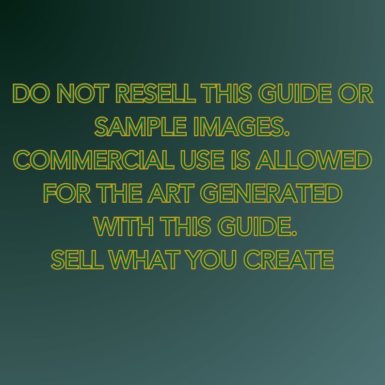 Peut inclure: Texte sur un fond vert qui dit : "NE REVENDEZ PAS CE GUIDE OU LES IMAGES D'&Eacute;CHANTILLON. L'UTILISATION COMMERCIALE EST AUTORIS&Eacute;E POUR L'ART G&Eacute;N&Eacute;R&Eacute; AVEC CE GUIDE. VENDEZ CE QUE VOUS CR&Eacute;EZ."