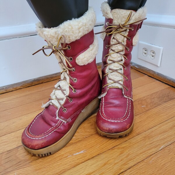 T.N.T. 1970s Moc Toe Rust Leather Lace-Up Winter Boots w/ Sheerling Lining Muc Luc Ski Snow