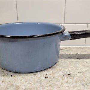 Vintage Blue Enamel Saucepan with Black Trim - Decorative Cooking Pot