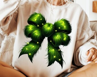 Grinchmas Coquette Bow PNG, Green Fur png, Christmas Lights Bow Png, Green guy PNG, Christmas png, Retro Christmas Shirt PNG,