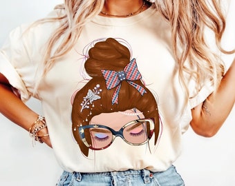 American Messy Bun PNG, Coquette Bow png, Coquette American Flag png, 4th of July sublimation, American Girl Shirt, 4th of July sublimation