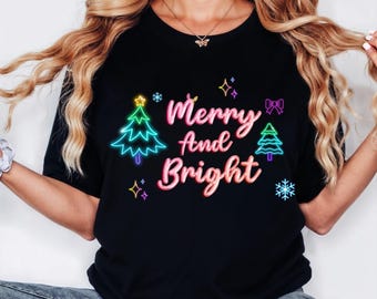 Merry and Bright Neon Png, Christmas Png, Neon Christmas Png, Christmas Tree Png, Christmas Coquette Bow Png, Christmas T shirt Designs