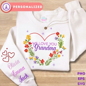 Moletom de vovó personalizado PNG SVG, com nomes de crianças na manga, presente de dia das mães, presente de aniversário para mamãe, mamãe personalizada, nome personalizado