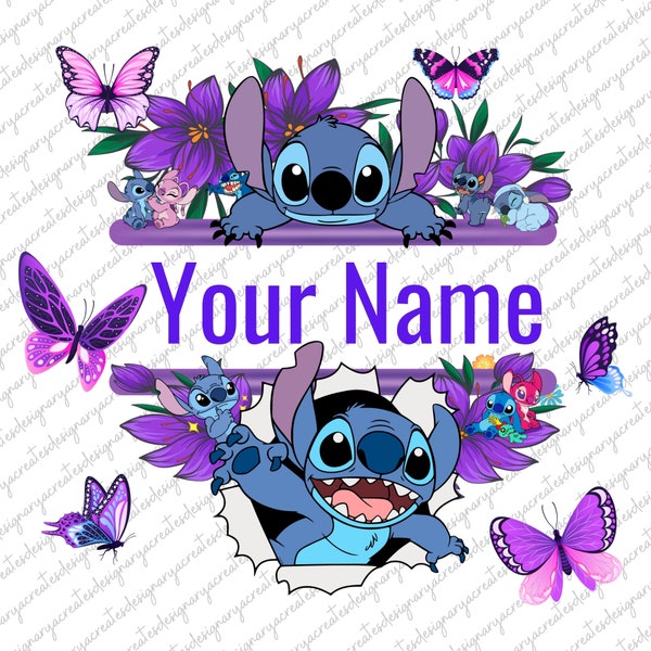 Download personalizzato del design di sublimazione PNG floreale Stitch, nome personalizzato Stitch png, simpatico Stitch png, download di disegni sublimati personalizzati