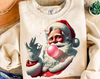 Retro Santa Christmas Blowing Bubble PNG, Vintage Merry Christmas PNG, Funny Santa With Sunglasses Xmas Holiday Sublimation Digital Download