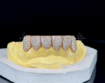 Diamante moissanita helado dientes personalizados corte permanente Grillz / diamante moissanita personalizado 10 en 10 dientes Grillz de corte profundo en plata de ley 925