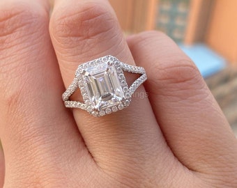 Emerald cut halo engagement rings with 14k white gold, Hidden Halo Ring in 3.50 carat Vvs Clarity Moissanite