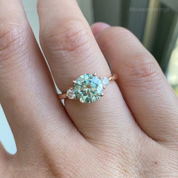 Round Greenish Blue Moissanite Diamond Ring, 2.00 TW Three Stone Engagement Ring, Wedding Ring, Round Cut Moissanite Ring, Promise Ring