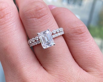Stunning 3.00 TW Emerald Cut Colorless Moissanite Engagement Ring with Full Eternity Wedding Band, Bridal Set, Anniversary Gift For Her